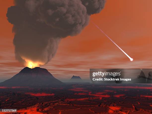 ilustraciones, imágenes clip art, dibujos animados e iconos de stock de artist's concept showing how the surface of earth appeared during the hadean eon. - volcanic landscape