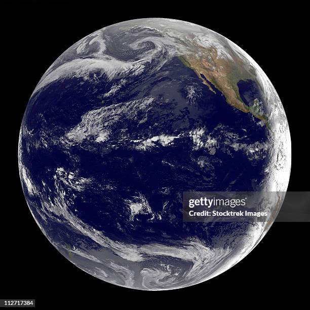 satellite image of earth centered over the pacific ocean. - pacific ocean stock pictures, royalty-free photos & images