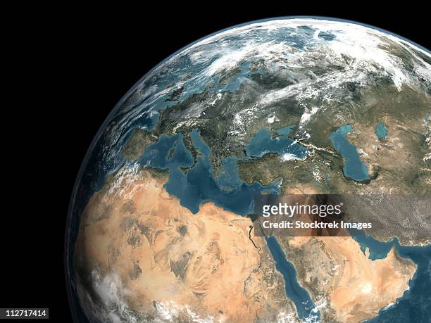 global view of earth over europe, middle east, and northern africa. - planeta terra fotografías e imágenes de stock