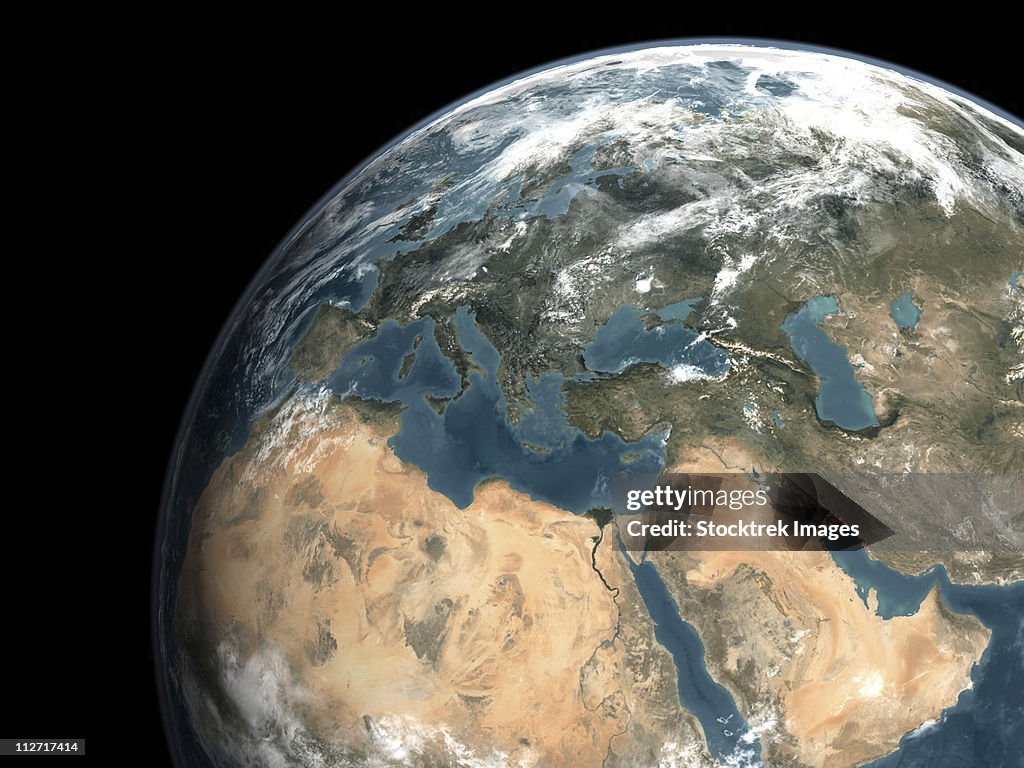 Global view of earth over Europe, Middle East, and northern Africa.