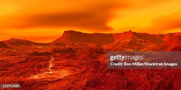 panorama of a landscape on venus at 700 degress fahrenheit. - vulkankrater stock-grafiken, -clipart, -cartoons und -symbole