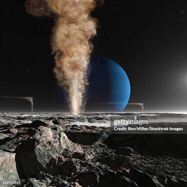 a future astronaut is observing the eruption of one of triton's giant cryogeysers. triton is the giant moon of neptune. - geyser stock illustrations