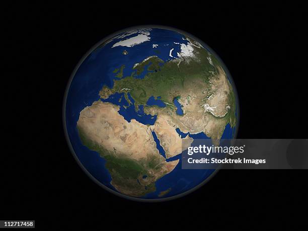 full earth view showing africa, europe, the middle east, and india. - eurasia stockfoto's en -beelden