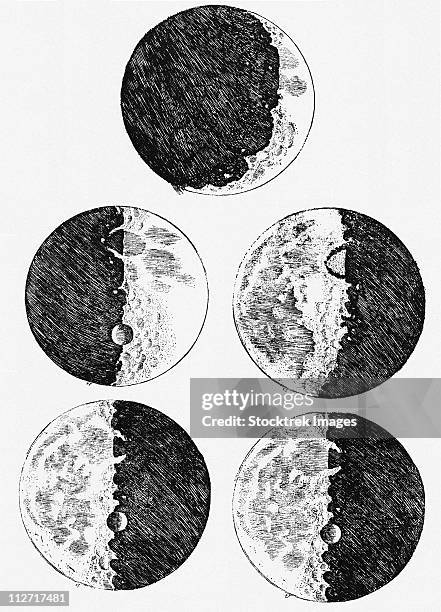 galileo's drawings of the phases of the moon, based on observations through his telescope. - moon phases white background stock illustrations