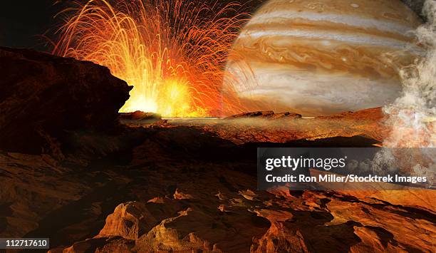 a scene on jupiter's moon, io, the most volcanic body in the solar system. - astrobiology stock illustrations