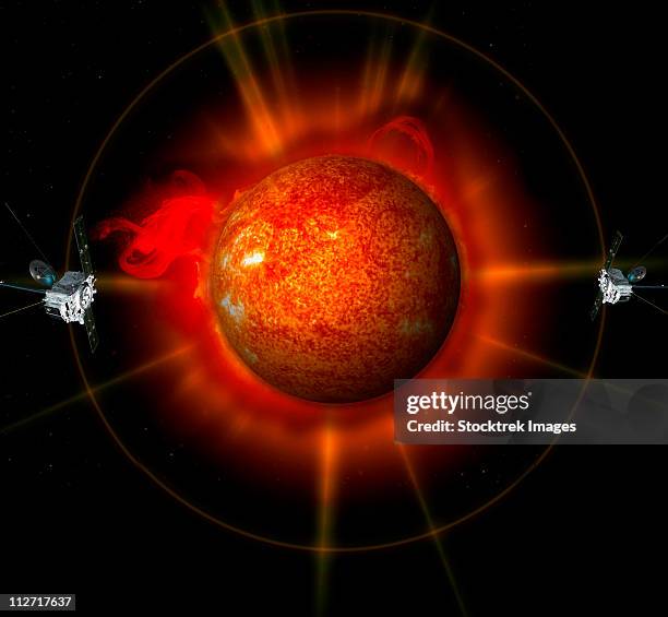 an artist's concept of the stereo spacecraft surrounding the sun. - coronal mass ejection stock illustrations