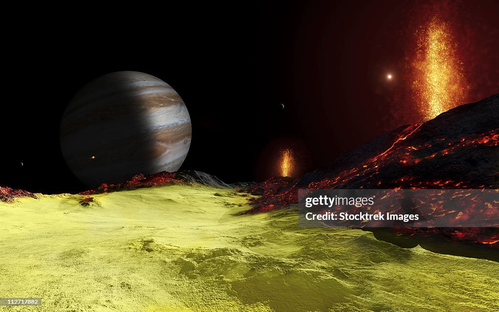 Volcanic activity on Jupiter's moon Io, with the planet Jupiter visible on the horizon.