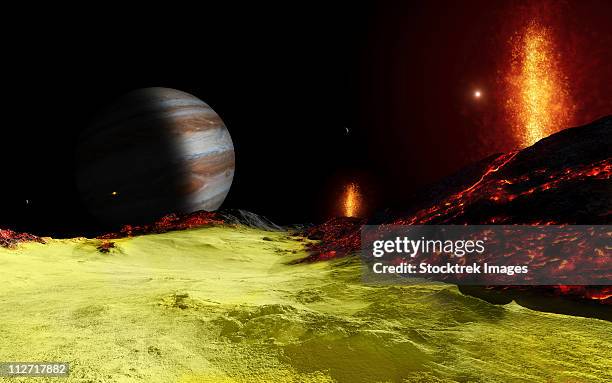 volcanic activity on jupiter's moon io, with the planet jupiter visible on the horizon. - emitting stock illustrations