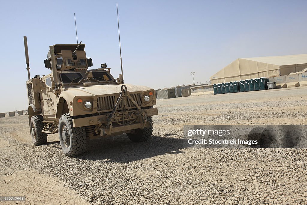 An Oshkosh M-ATV sits parked at Camp Leatherneck, Afghanistan.