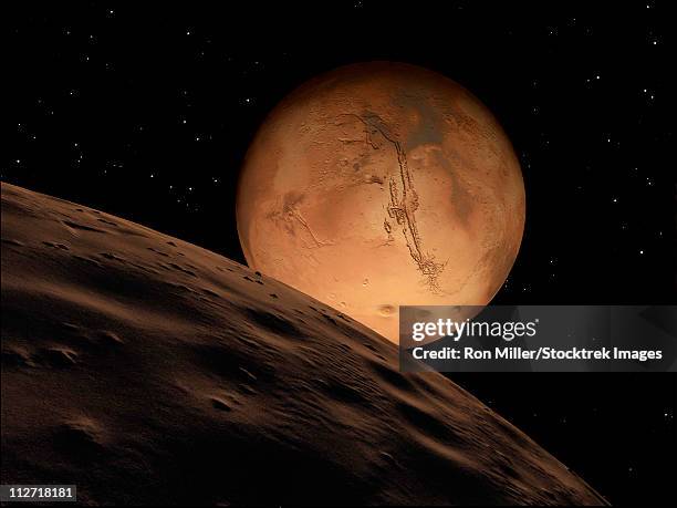 mars seen from its outer moon, deimos. - mars landscape stock illustrations