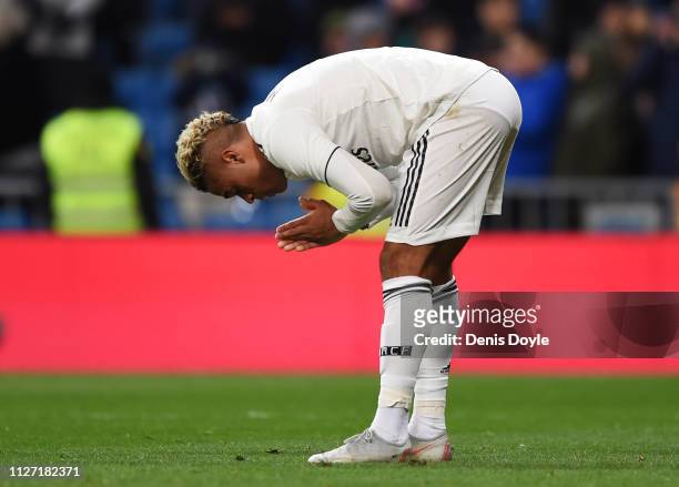 Mariano of Real Madrid reacts as he celebrates after scoring his team's third goal during the La Liga match between Real Madrid CF and Deportivo...
