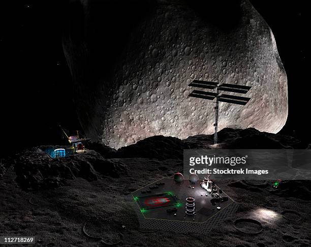 stockillustraties, clipart, cartoons en iconen met artist's concept of a mining settlement on the double asteroid 90 antiope. - exploratory spacecraft