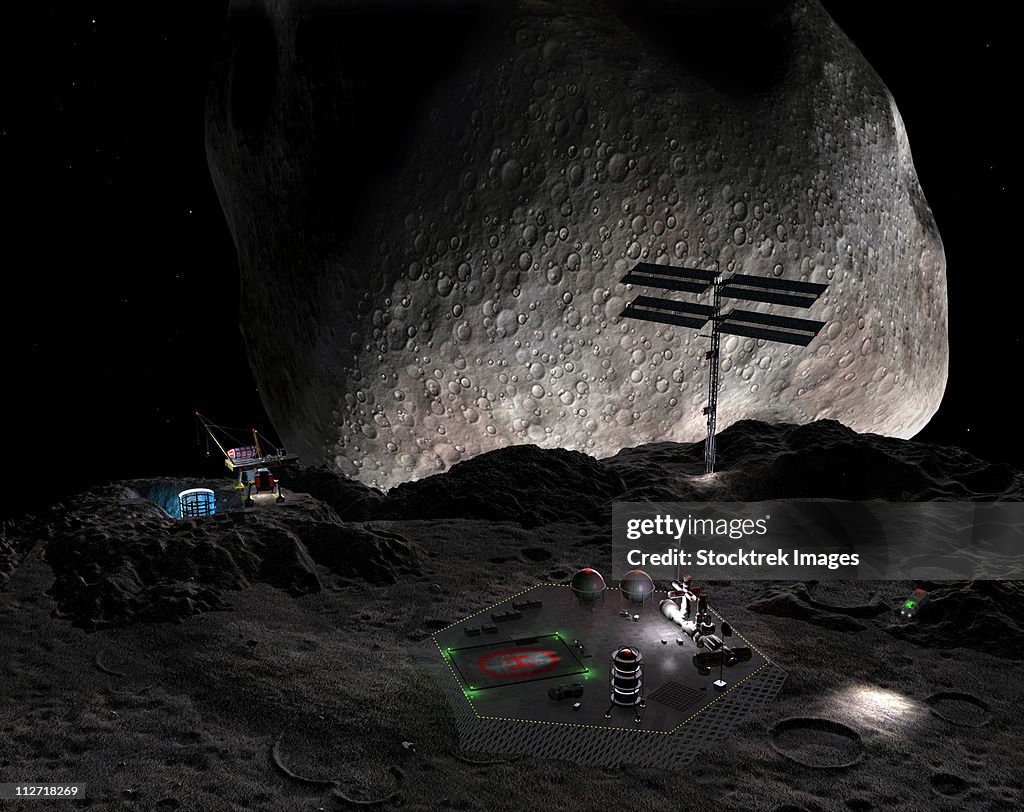 Artist's concept of a mining settlement on the double asteroid 90 Antiope.