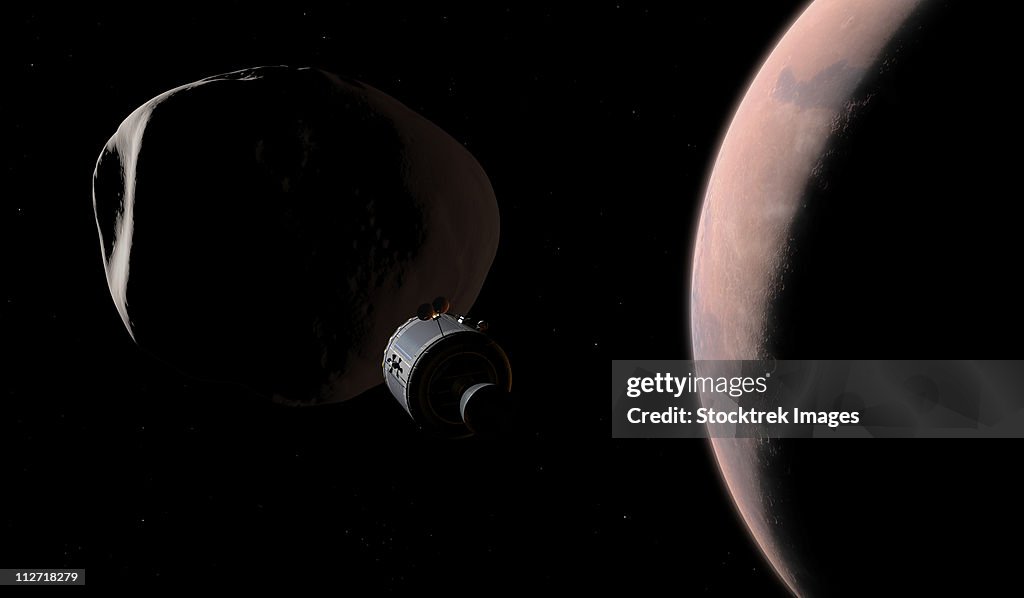 A command module begins a close approach to Phobos.