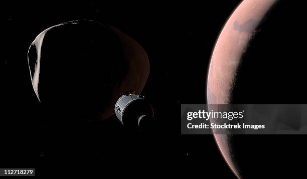 a command module begins a close approach to phobos. - space exploration capsule stock illustrations