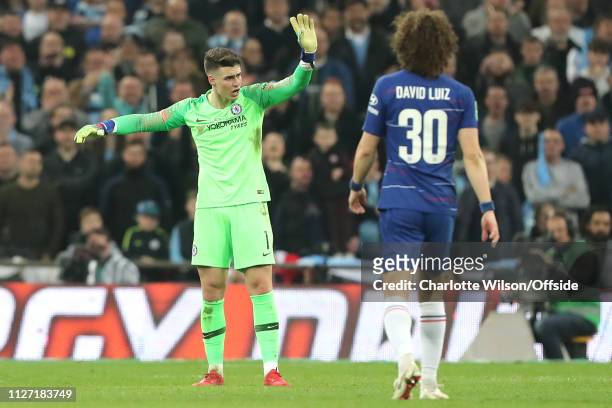 Chelsea goalkeeper Kepa Arrizabalaga argues with manager Maurizio Sarri as he tries to sub him off during the Carabao Cup Final between Chelsea and...