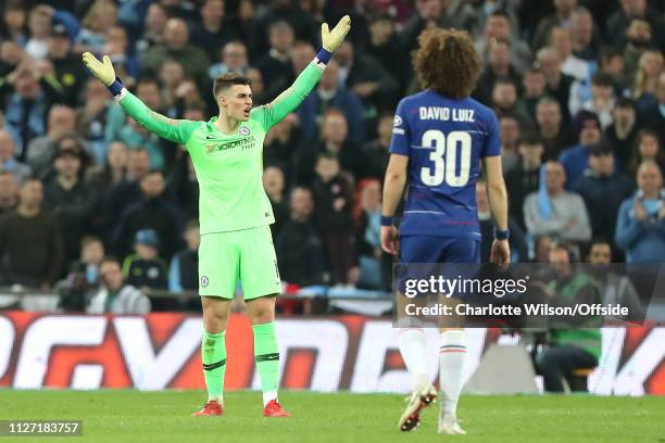 Chelsea goalkeeper Kepa Arrizabalaga argues with manager Maurizio Sarri as he tries to sub him off during the Carabao Cup Final between Chelsea and...