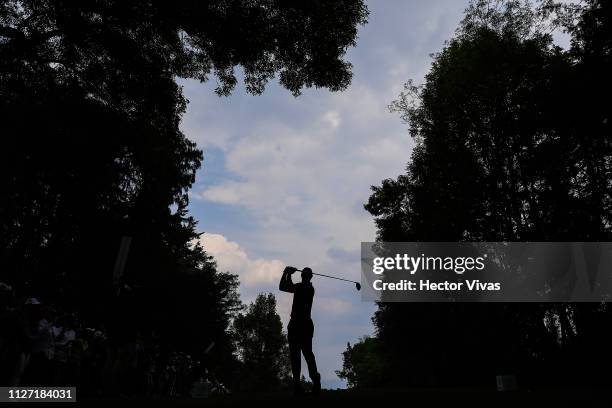 Tiger Woods of United States plays his shot on the 11th hole during the final round of World Golf Championships-Mexico Championship at Club de Golf...