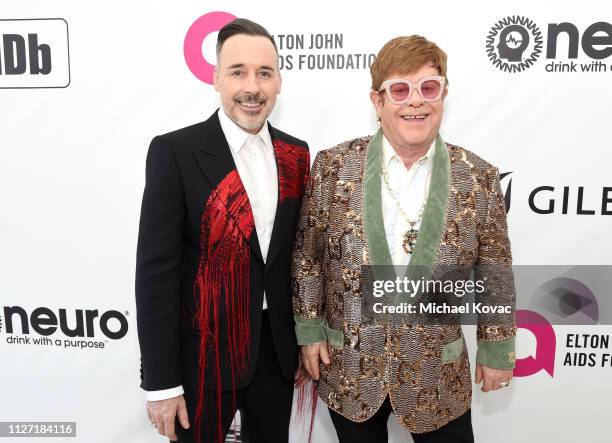 David Furnish and Sir Elton John attend the 27th annual Elton John AIDS Foundation Academy Awards Viewing Party sponsored by IMDb and Neuro Drinks...