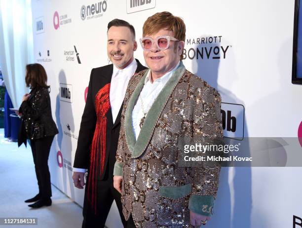 David Furnish and Sir Elton John attend the 27th annual Elton John AIDS Foundation Academy Awards Viewing Party sponsored by IMDb and Neuro Drinks...