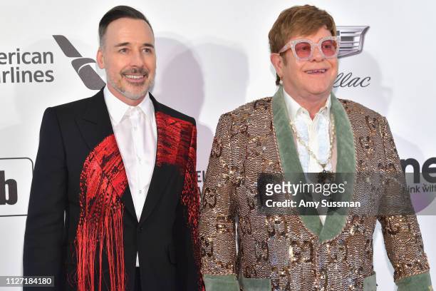 David Furnish and Sir Elton John attend the 27th annual Elton John AIDS Foundation Academy Awards Viewing Party celebrating EJAF and the 91st Academy...