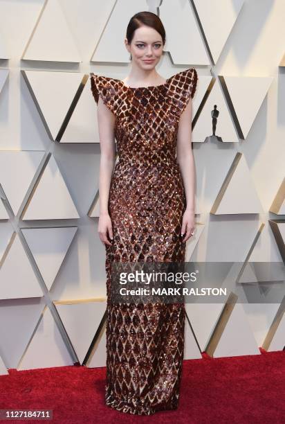 Best Supporting Actress nominee for "The Favourite" Emma Stone arrives for the 91st Annual Academy Awards at the Dolby Theatre in Hollywood,...