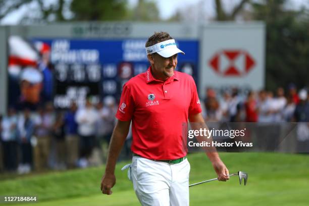 Ian Poluter of England celebrates on the 18th hole during the final round of World Golf Championships-Mexico Championship at Club de Golf Chapultepec...