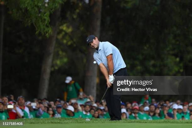 Patrick Reed of United States plays a shot on the 18th hole during the final round of World Golf Championships-Mexico Championship at Club de Golf...