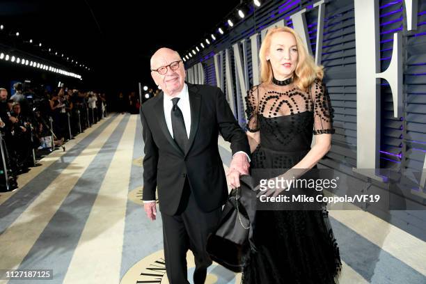 Rupert Murdoch and Jerry Hall attend the 2019 Vanity Fair Oscar Party hosted by Radhika Jones at Wallis Annenberg Center for the Performing Arts on...
