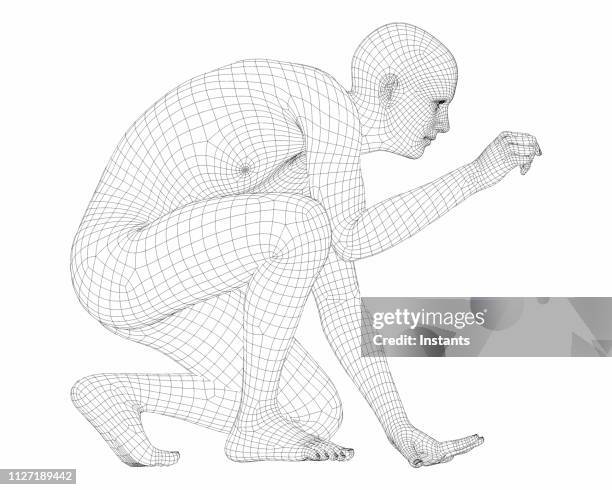 3d render of a wireframe male cyborg. - wire frame model stock pictures, royalty-free photos & images