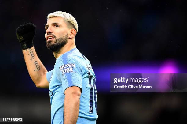 Sergio Aguero of Manchester City celebrates his first goal during the Premier League match between Manchester City and Arsenal FC at Etihad Stadium...