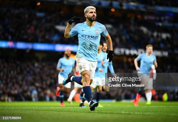 Sergio Aguero of Manchester City celebrates his first goal during the Premier League match between Manchester City and Arsenal FC at Etihad Stadium...