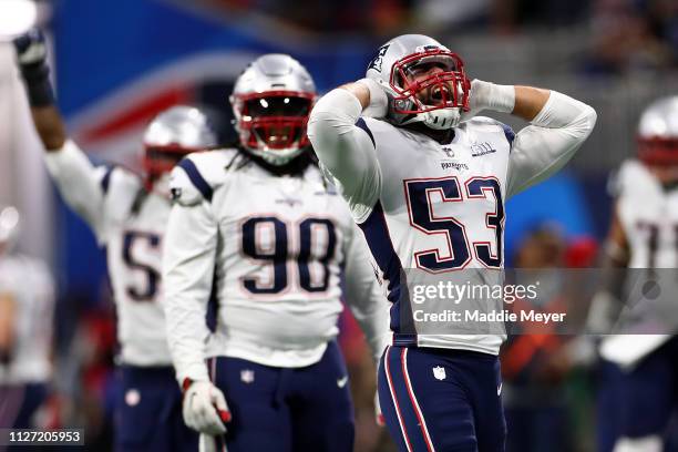 Kyle Van Noy of the New England Patriots reacts in the second quarter against the Los Angeles Rams during Super Bowl LIII at Mercedes-Benz Stadium on...