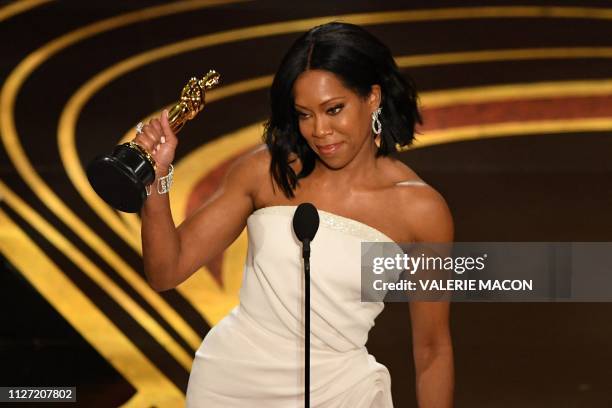 Best Supporting Actress nominee for "If Beale Street Could Talk" Regina King accepts her Oscar during the 91st Annual Academy Awards at the Dolby...