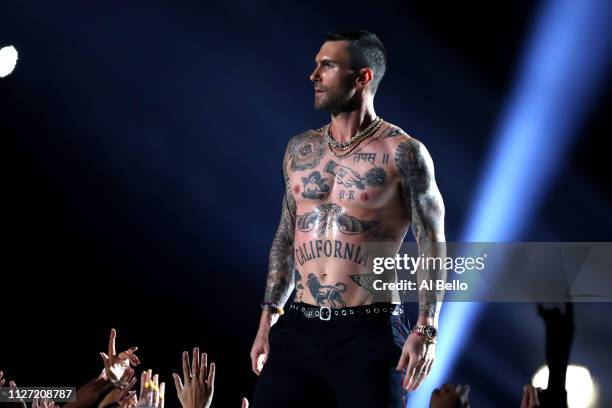 Adam Levine of Maroon 5 performs during the Pepsi Super Bowl LIII Halftime Show at Mercedes-Benz Stadium on February 03, 2019 in Atlanta, Georgia.