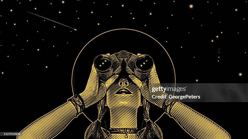 Frau junge Hipster mit Fernglas und Sternen