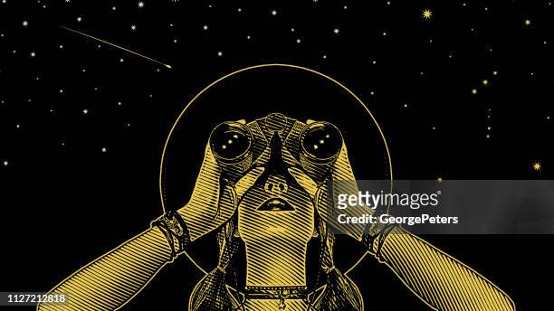 illustrazioni stock, clip art, cartoni animati e icone di tendenza di giovane donna hipster con binocolo e stelle - astronomia