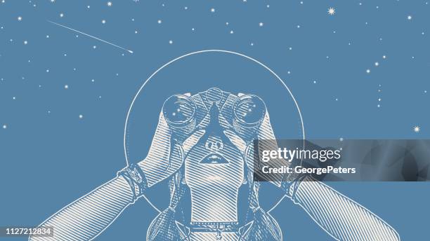 young hipster woman with binoculars and stars - virtual business strategy stock illustrations