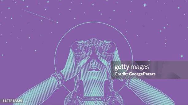 frau junge hipster mit fernglas und sternen - sternzeichen stock-grafiken, -clipart, -cartoons und -symbole