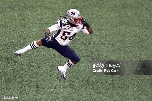 Dont'a Hightower of the New England Patriots celebrates a third quarter sack against the Los Angeles Rams performs during the Pepsi Super Bowl LIII...