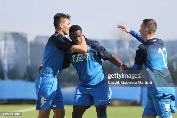 Emmanuel Ekong of Empoli FC celebrates after scoring a goal during the match between Empoli U17 and Juventus U17 on February 24, 2019 in Empoli,...