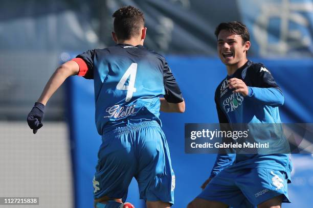 Kristian Asslani of Empoli FC celebrates after scoring a goal during the match between Empoli U17 and Juventus U17 on February 24, 2019 in Empoli,...