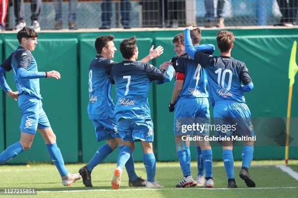 Kristian Asslani of Empoli FC celebrates his fist goal during the match between Empoli U17 and Juventus U17 on February 24, 2019 in Empoli, Italy.