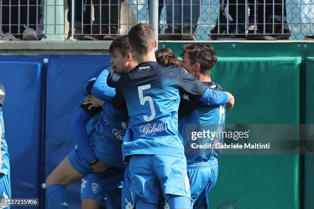 Leonardo Pezzola of Empoli FC celebrates after scoring a goal during the match between Empoli U17 and Juventus U17 on February 24, 2019 in Empoli,...