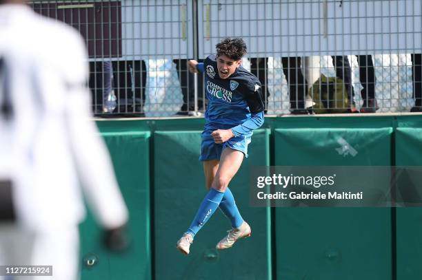 Leonardo Pezzola of Empoli FC celebrates after scoring a goal during the match between Empoli U17 and Juventus U17 on February 24, 2019 in Empoli,...