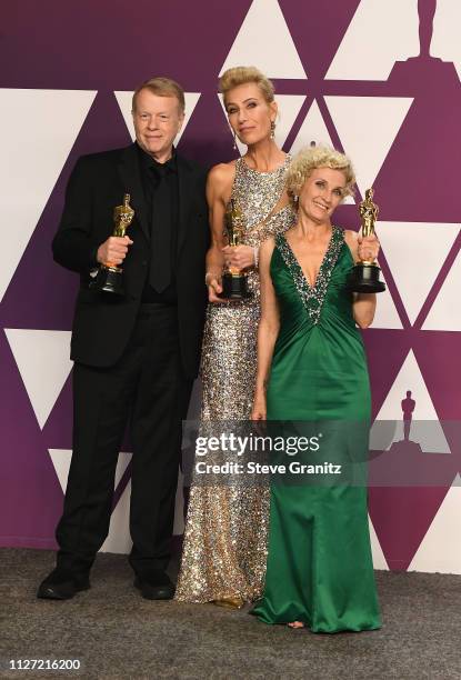 Greg Cannom, Kate Biscoe and Patricia Dehaney, winners of Best Makeup and Hairstyling for 'Vice,' pose in the press room during at Hollywood and...