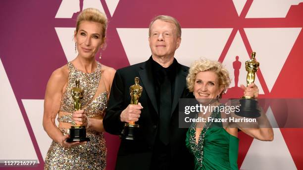 Kate Biscoe, Greg Cannom, and Patricia Dehaney, winners of Best Makeup and Hairstyling for &quot;Vice,&quot; pose in the press room during the 91st...