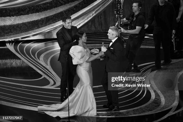 Javier Bardem and Angela Bassett present the Foreign Language Film award for &#39;Roma&#39; to Alfonso Cuaron onstage during the 91st Annual Academy...