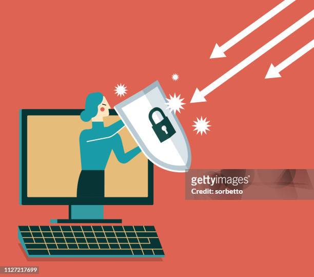 geschäftsfrau, von einem computer mit einem schild - verteidigen stock-grafiken, -clipart, -cartoons und -symbole