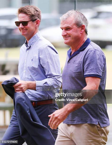 Horse Trainer Darren Weir arrives with Jarrod McLean at a hearing at Racing Victoria on February 04, 2019 in Melbourne, Australia.